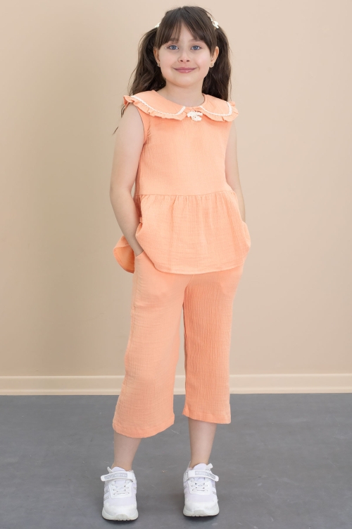 Turuncu Sıfır Kol Bebe Yaka Bluzlu Pantolonlu Kız Çocuk 2li Takım 21030