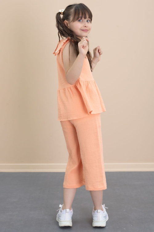 Turuncu Sıfır Kol Bebe Yaka Bluzlu Pantolonlu Kız Çocuk 2li Takım 21030