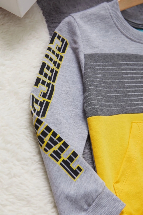 Yazı Baskılı Kanguru Cepli Haki Erkek Çocuk Eşofman Takımı 14987-3