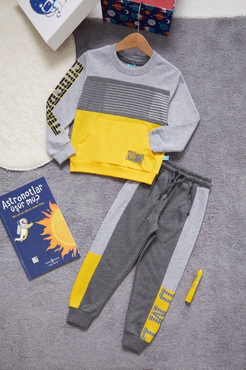 Yazı Baskılı Kanguru Cepli Haki Erkek Çocuk Eşofman Takımı 14987-3