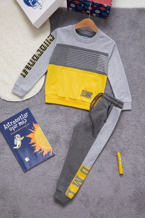 Yazı Baskılı Kanguru Cepli Haki Erkek Çocuk Eşofman Takımı 14987-3