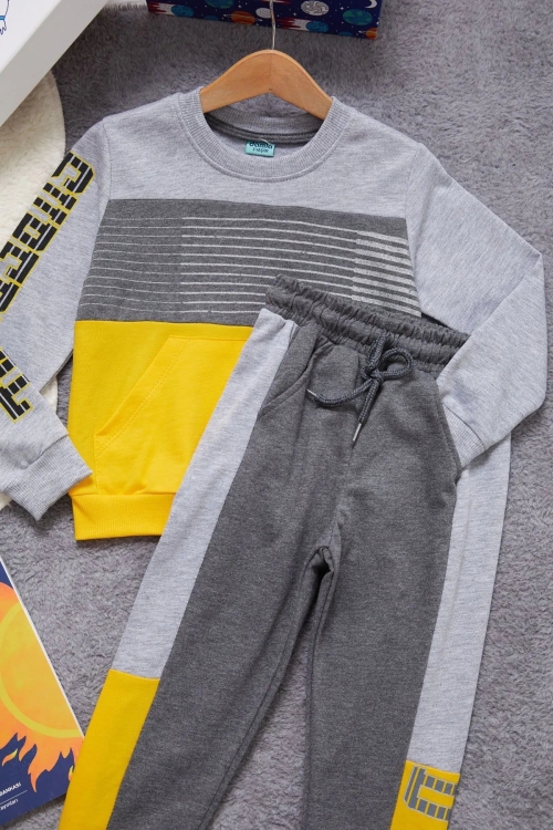 Yazı Baskılı Kanguru Cepli Haki Erkek Çocuk Eşofman Takımı 14987-3