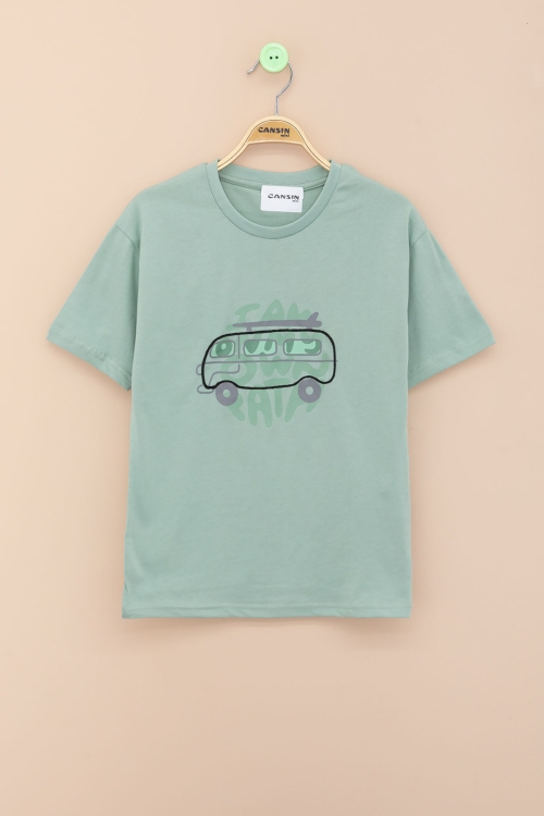 Yeşil Araba Baskılı Bisiklet Yaka Erkek Çocuk Kısa Kol Tişört 20925