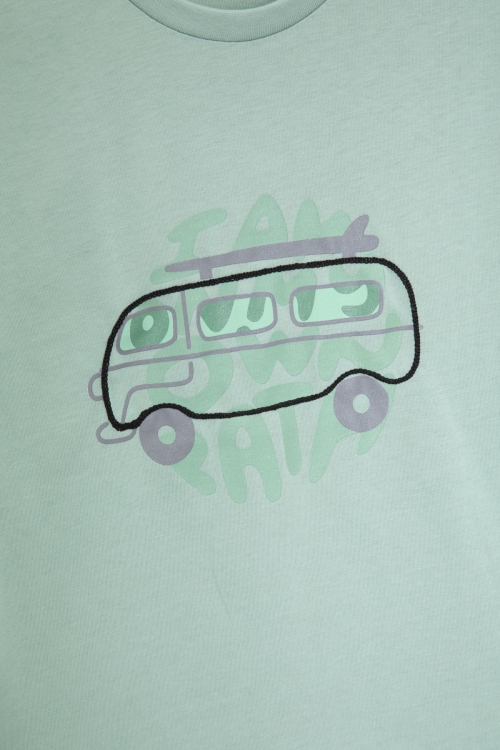 Yeşil Araba Baskılı Bisiklet Yaka Erkek Çocuk Kısa Kol Tişört 20925