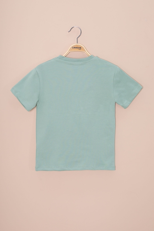 Yeşil Araba Baskılı Nakış Detaylı Erkek Çocuk Bisiklet Yaka Tişört 20958