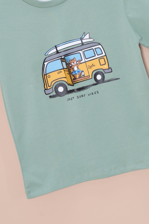 Yeşil Araba Baskılı Nakış Detaylı Erkek Çocuk Bisiklet Yaka Tişört 20958