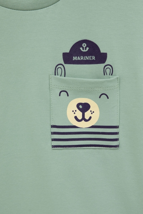 Yeşil Ayıcık Baskılı Cepli Erkek Bebek Tişört 20935