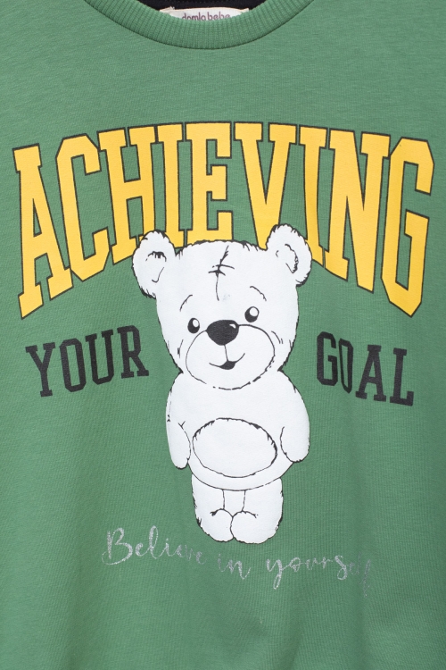 Yeşil Ayıcık Baskılı İspanyol Paça Pantolonlu Kız Çocuk Takım 18572