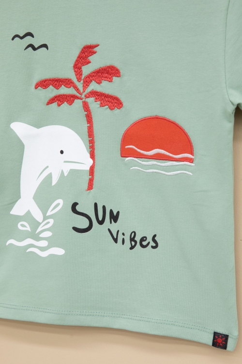 Yeşil Balık Baskılı Nakışlı Erkek Bebek Bisiklet Yaka Tişört 20944