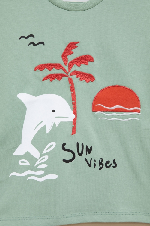 Yeşil Balık Baskılı Nakışlı Erkek Bebek Bisiklet Yaka Tişört 20944