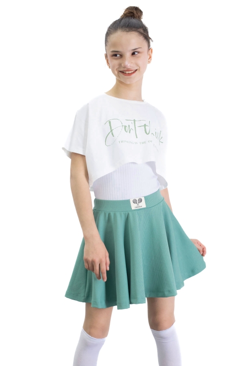 Yeşil Beli Lastikli Fitilli Kız Çocuk Tenis Eteği 21041