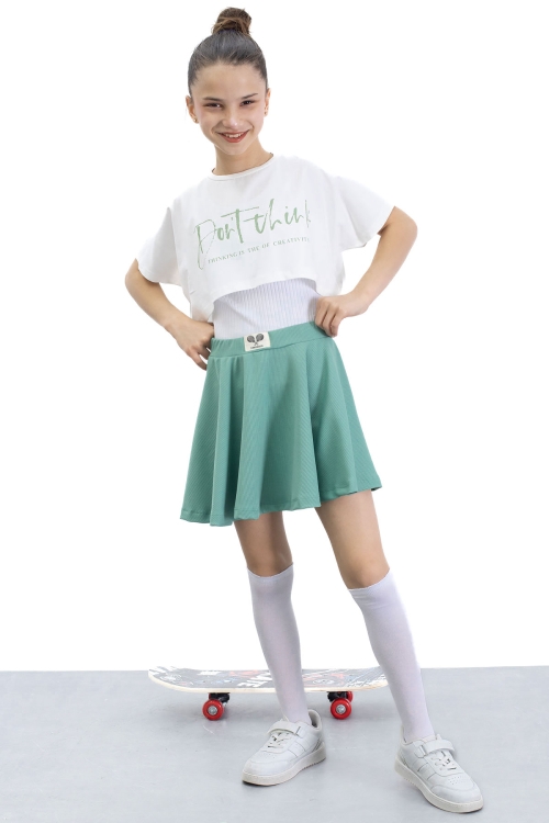 Yeşil Beli Lastikli Fitilli Kız Çocuk Tenis Eteği 21041