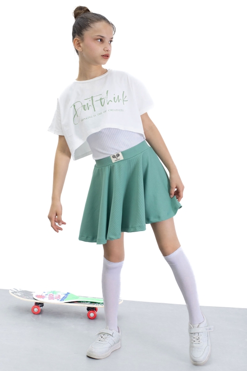 Yeşil Beli Lastikli Fitilli Kız Çocuk Tenis Eteği 21041