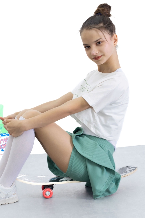 Yeşil Beli Lastikli Fitilli Kız Çocuk Tenis Eteği 21041