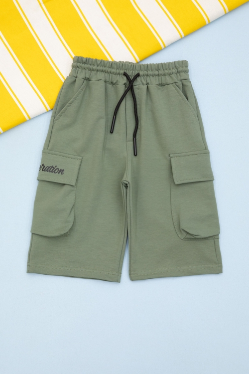 Yeşil Cebi Yazı Baskılı Beli Lastikli Erkek Çocuk Şort 21161
