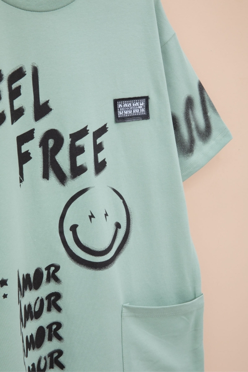 Yeşil Cep Detaylı Yazı Baskılı Erkek Çocuk Bisiklet Yaka Tişört 20905