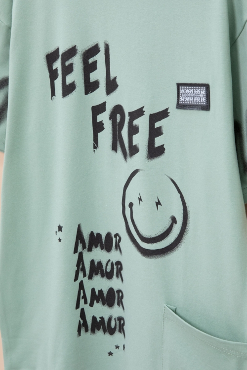 Yeşil Cep Detaylı Yazı Baskılı Erkek Çocuk Bisiklet Yaka Tişört 20905