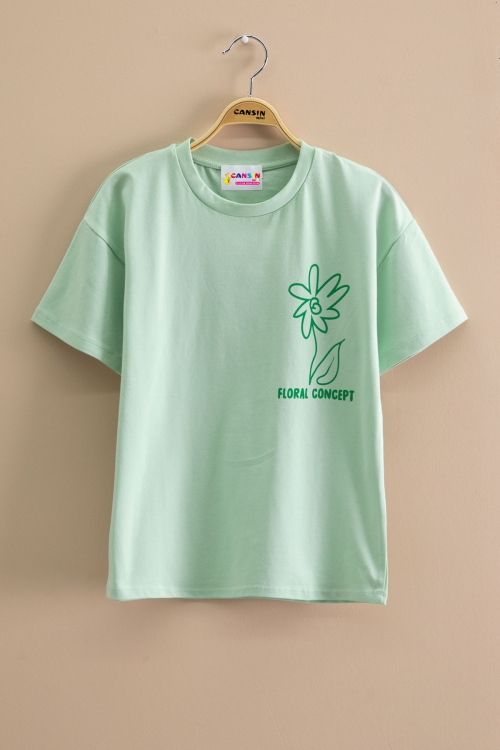 Yeşil Çiçek Baskılı Sırtı Yazılı Kız Çocuk Bisiklet Yaka Tişört 20967