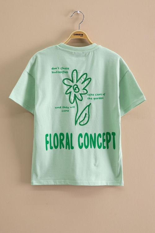 Yeşil Çiçek Baskılı Sırtı Yazılı Kız Çocuk Bisiklet Yaka Tişört 20967