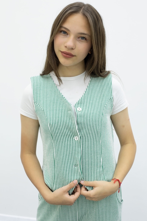 Yeşil Çizgili Düğmeli Yelekli Kargo Cepli Pantolonlu Kız Çocuk 2li Takım 21015