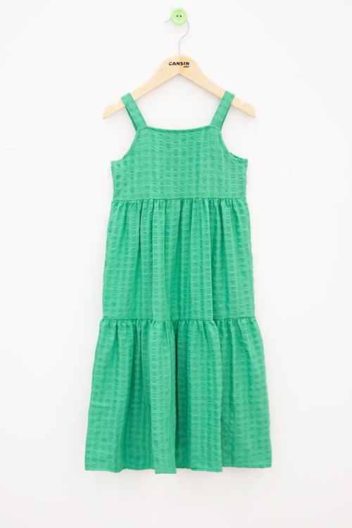 Yeşil Desenli Kız Çocuk Askılı Elbise 19146