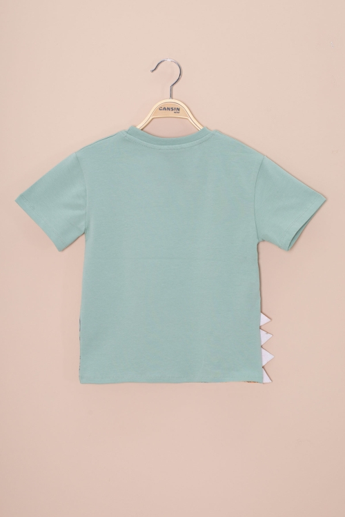 Yeşil Dinozor Baskılı Bisiklet Yaka Erkek Bebek Tişört 20949