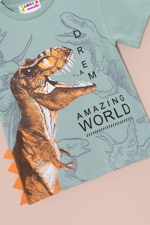 Yeşil Dinozor Baskılı Bisiklet Yaka Erkek Bebek Tişört 20949