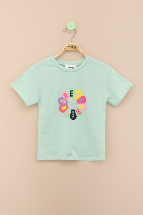 Yeşil Dream Baskılı Payetli Kız Çocuk Kısa Kol Tişört 21003