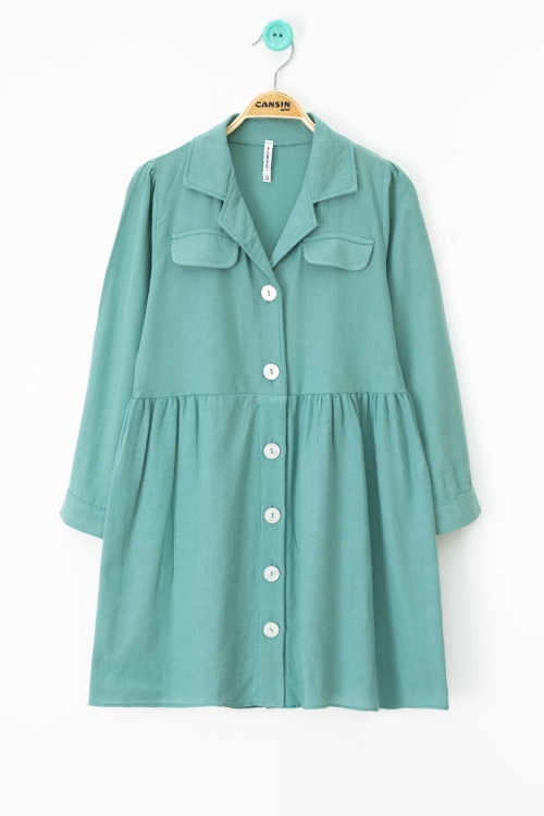 Yeşil Düğme Kapamalı Kız Çocuk Kapak Detaylı Uzun Kol Elbise 20699