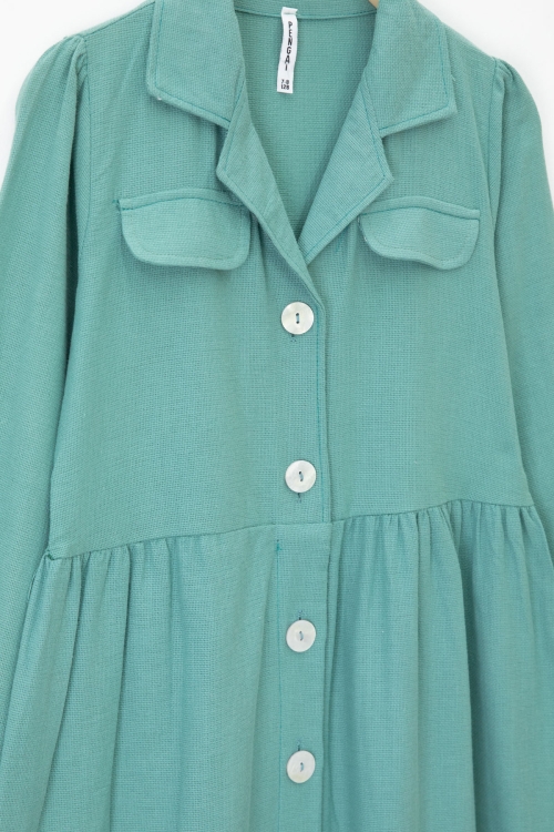 Yeşil Düğme Kapamalı Kız Çocuk Kapak Detaylı Uzun Kol Elbise 20699