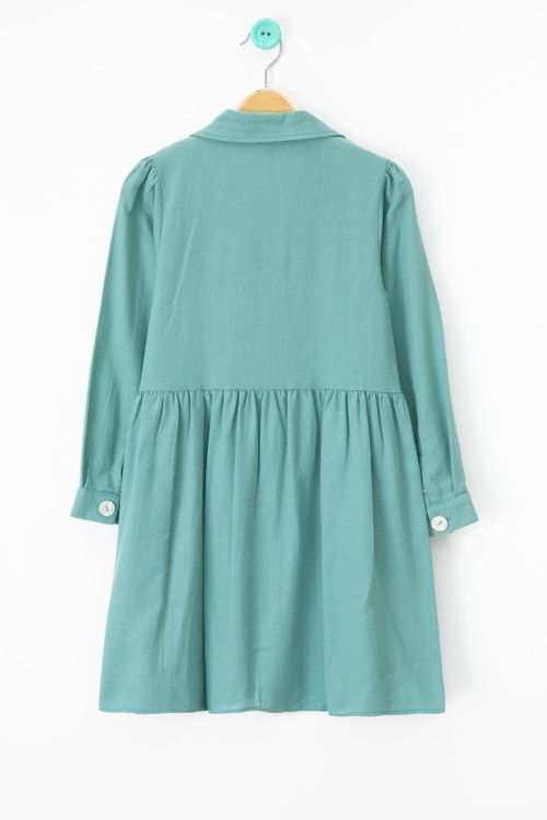 Yeşil Düğme Kapamalı Kız Çocuk Kapak Detaylı Uzun Kol Elbise 20699
