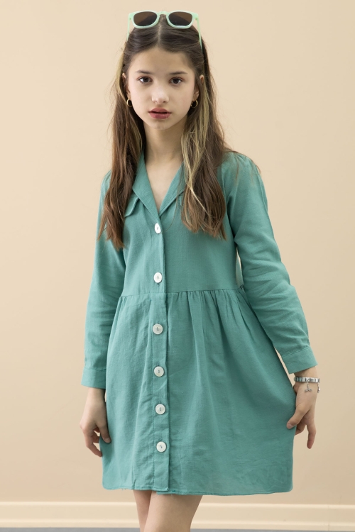 Yeşil Düğme Kapamalı Kız Çocuk Kapak Detaylı Uzun Kol Elbise 20699