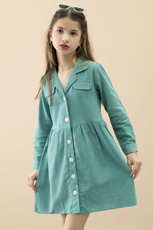 Yeşil Düğme Kapamalı Kız Çocuk Kapak Detaylı Uzun Kol Elbise 20699