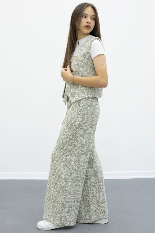 Yeşil Düğmeli Yelekli Geniş Paça Kuşaklı Pantolonlu Kız Çocuk 2li Takım 21010