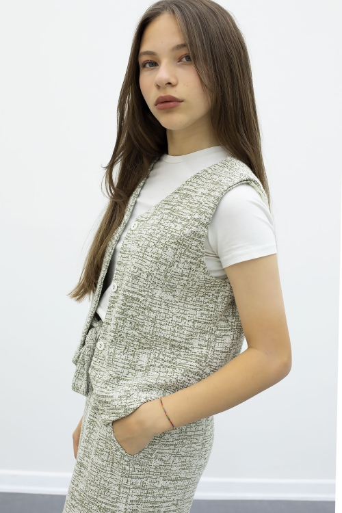 Yeşil Düğmeli Yelekli Geniş Paça Kuşaklı Pantolonlu Kız Çocuk 2li Takım 21010