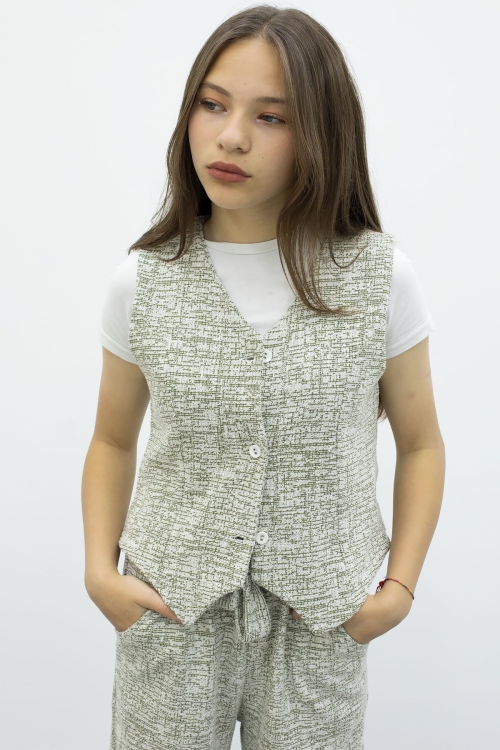 Yeşil Düğmeli Yelekli Geniş Paça Kuşaklı Pantolonlu Kız Çocuk 2li Takım 21010