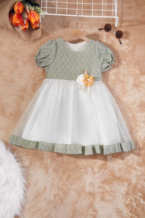 Yeşil İnci Şeritli Kız Çocuk Tüllü Elbise 17253