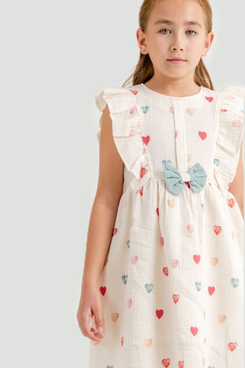 Yeşil Kalp Baskılı Fiyonk Detaylı Müslin Kız Çocuk Elbise 21081