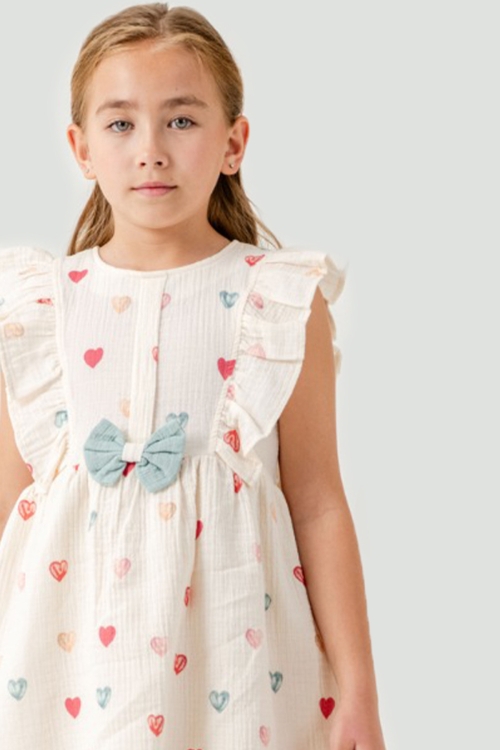 Yeşil Kalp Baskılı Fiyonk Detaylı Müslin Kız Çocuk Elbise 21081