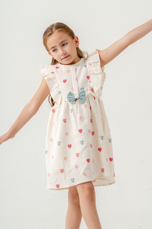 Yeşil Kalp Baskılı Fiyonk Detaylı Müslin Kız Çocuk Elbise 21081