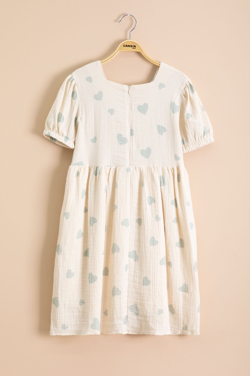 Yeşil Kalp Desenli Fiyonklu Kısa Kol Kız Çocuk Müslin Elbise 20773