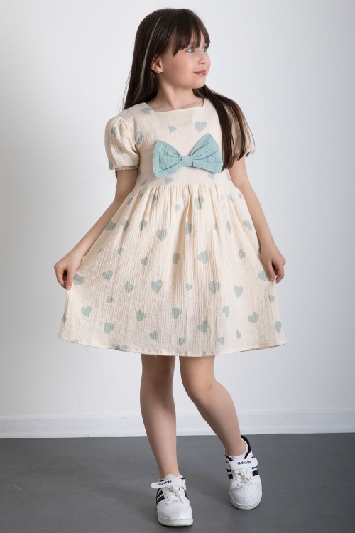 Yeşil Kalp Desenli Fiyonklu Kısa Kol Kız Çocuk Müslin Elbise 20773
