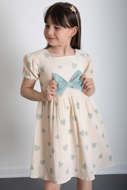 Yeşil Kalp Desenli Fiyonklu Kısa Kol Kız Çocuk Müslin Elbise 20773