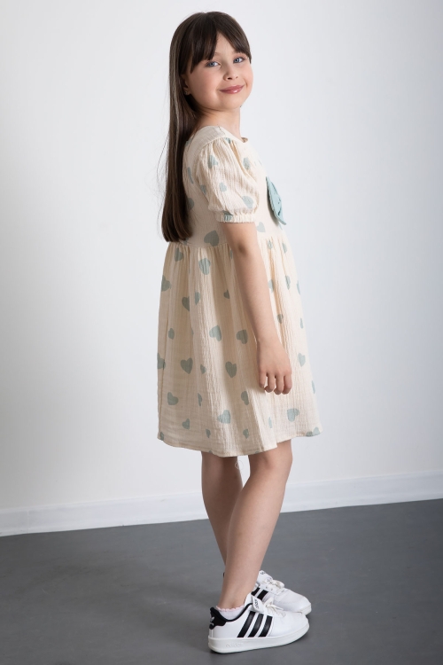 Yeşil Kalp Desenli Fiyonklu Kısa Kol Kız Çocuk Müslin Elbise 20773