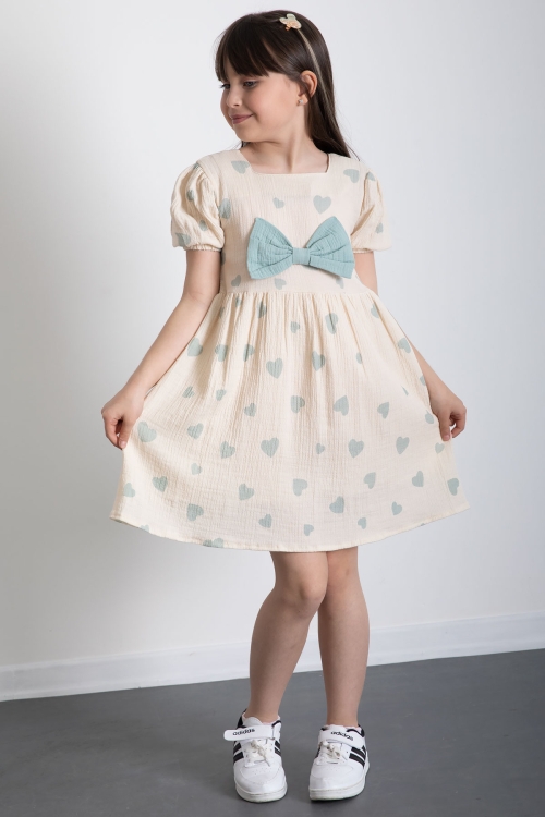 Yeşil Kalp Desenli Fiyonklu Kısa Kol Kız Çocuk Müslin Elbise 20773