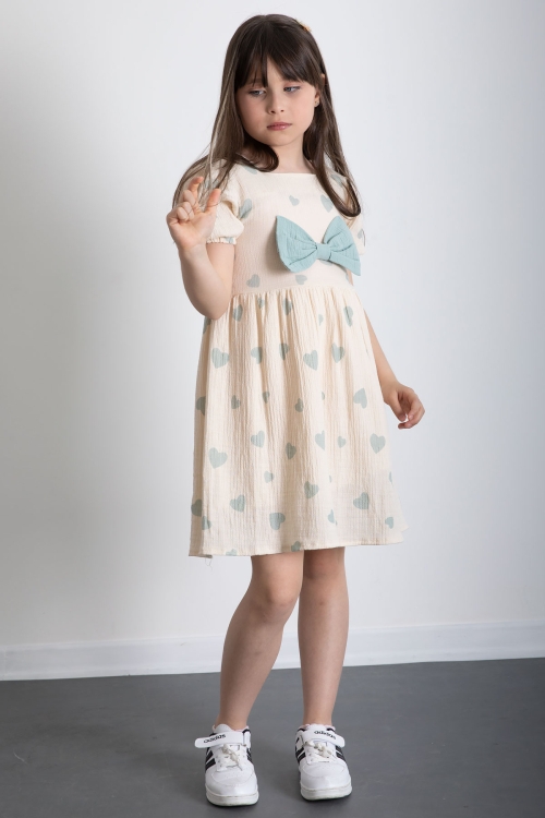 Yeşil Kalp Desenli Fiyonklu Kısa Kol Kız Çocuk Müslin Elbise 20773