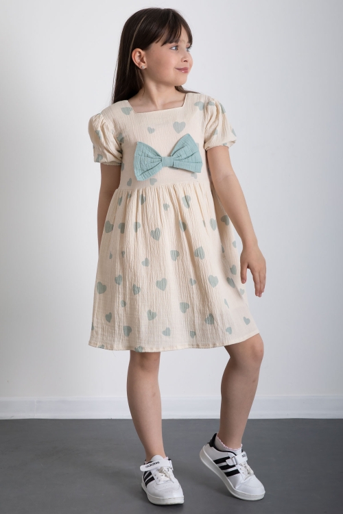 Yeşil Kalp Desenli Fiyonklu Kısa Kol Kız Çocuk Müslin Elbise 20773