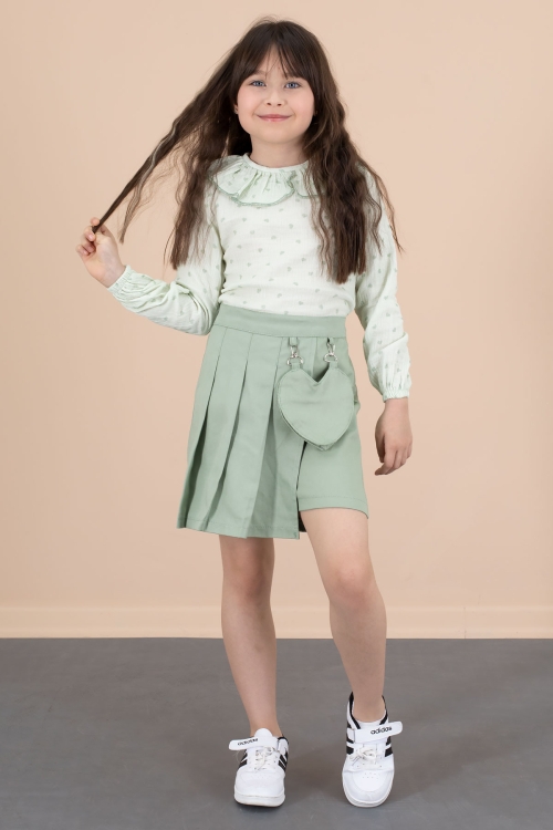 Yeşil Kalp Desenli Müslin Gömlekli Kız Çocuk Şort  Etekli 2li Takım 20676