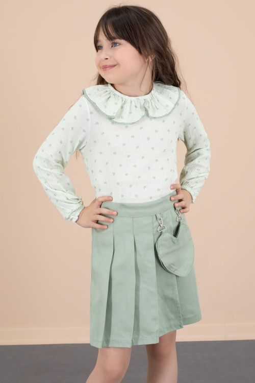 Yeşil Kalp Desenli Müslin Gömlekli Kız Çocuk Şort  Etekli 2li Takım 20676