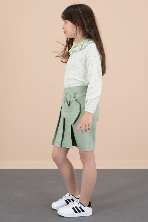 Yeşil Kalp Desenli Müslin Gömlekli Kız Çocuk Şort  Etekli 2li Takım 20676